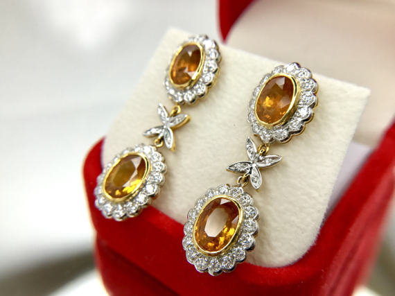 GOLDEN! 9.65TCW Yellow Sapphire & Diamonds in 18K solid handmade yellow gold earrings