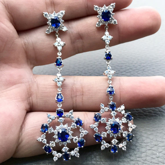 ROYAL 12.06TCW CEYLON Blue Sapphire & diamonds in 18K solid white gold handmade earrings chandelier