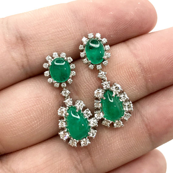 6.30TCW Colombian Emeralds Cabochon & Diamonds in 18K solid handmade white gold earrings chandelier