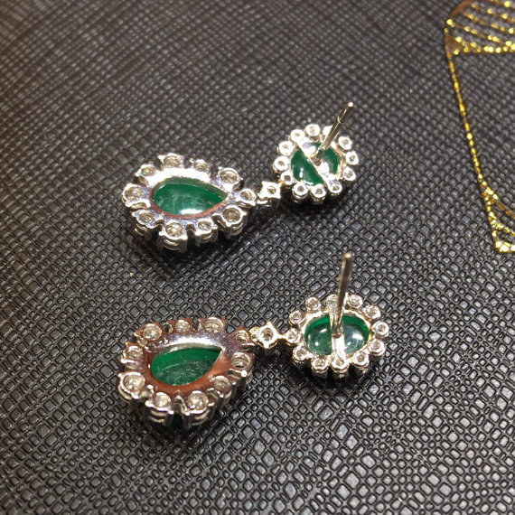 6.30TCW Colombian Emeralds Cabochon & Diamonds in 18K solid handmade white gold earrings chandelier