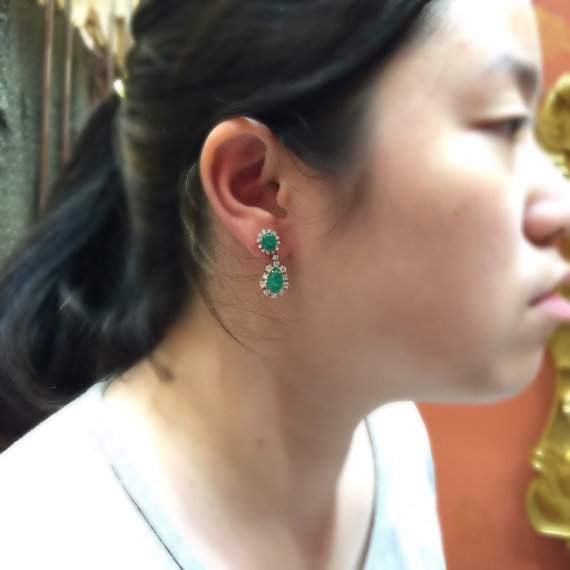 6.30TCW Colombian Emeralds Cabochon & Diamonds in 18K solid handmade white gold earrings chandelier