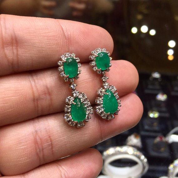 6.30TCW Colombian Emeralds Cabochon & Diamonds in 18K solid handmade white gold earrings chandelier