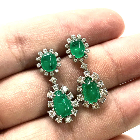 6.30TCW Colombian Emeralds Cabochon & Diamonds in 18K solid handmade white gold earrings chandelier