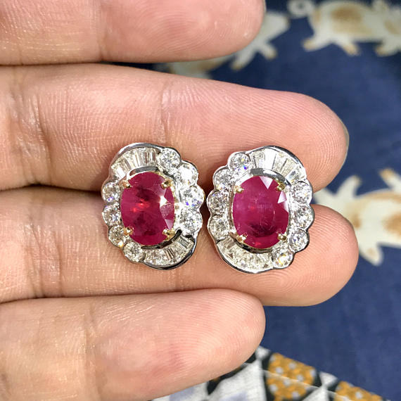 INVESTMENT! 7.78TCW BURMESE RUBY & Diamonds in 18K solid yellow gold earrings studs natural burma