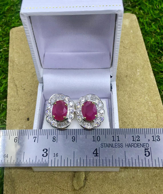 INVESTMENT! 7.78TCW BURMESE RUBY & Diamonds in 18K solid yellow gold earrings studs natural burma