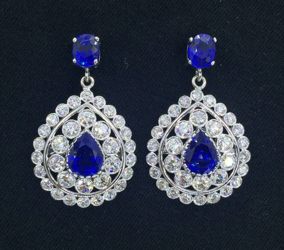 Genuine 7.42CT. CEYLON Blue Sapphires & VVS Diamonds in 18K solid white gold earrings bezel handmade