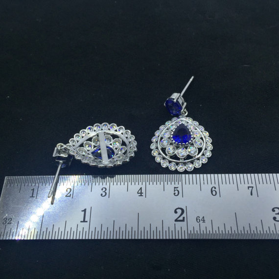 Genuine 7.42CT. CEYLON Blue Sapphires & VVS Diamonds in 18K solid white gold earrings bezel handmade