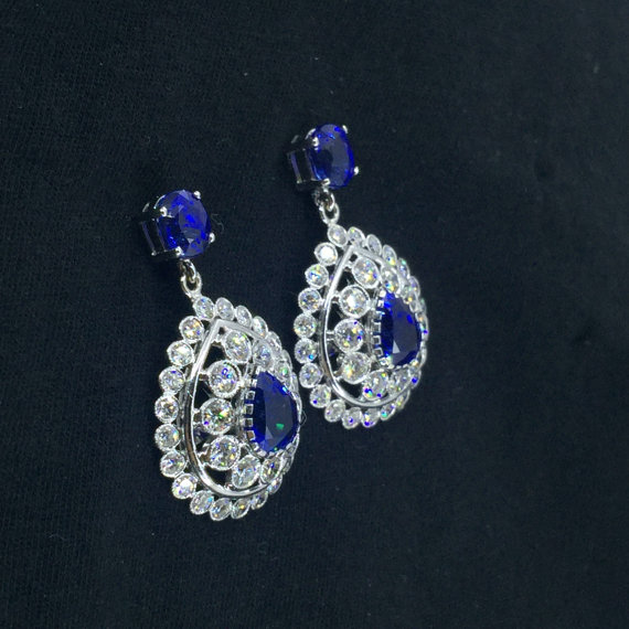 Genuine 7.42CT. CEYLON Blue Sapphires & VVS Diamonds in 18K solid white gold earrings bezel handmade