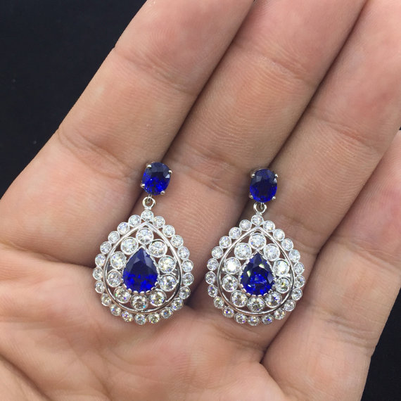 Genuine 7.42CT. CEYLON Blue Sapphires & VVS Diamonds in 18K solid white gold earrings bezel handmade