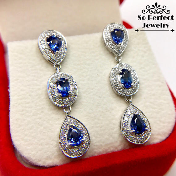 STUNNING 3.32TCW CEYLON Blue Sapphire & diamonds in 18K solid white gold earrings natural chandelier