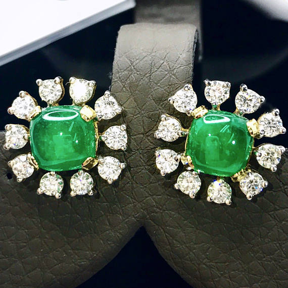 5.77cts Colombian Emeralds Cabochon & Diamonds in 18K solid handmade gold earrings studs