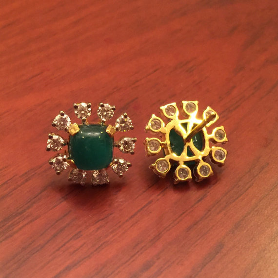 5.77cts Colombian Emeralds Cabochon & Diamonds in 18K solid handmade gold earrings studs