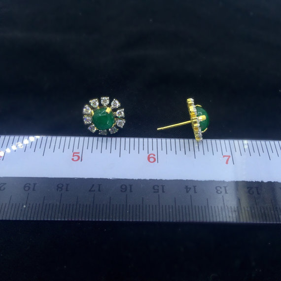 5.77cts Colombian Emeralds Cabochon & Diamonds in 18K solid handmade gold earrings studs