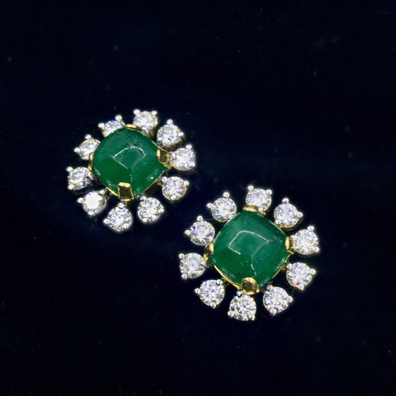 5.77cts Colombian Emeralds Cabochon & Diamonds in 18K solid handmade gold earrings studs