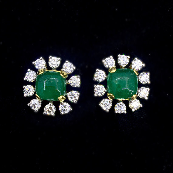 5.77cts Colombian Emeralds Cabochon & Diamonds in 18K solid handmade gold earrings studs