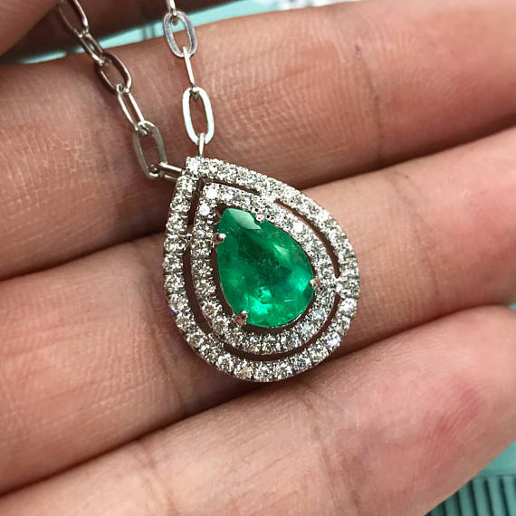 COLOMBIAN 3.20TCW Emerald & Diamonds in 18K solid white gold handmade pendant necklace zambian colombia jewelry