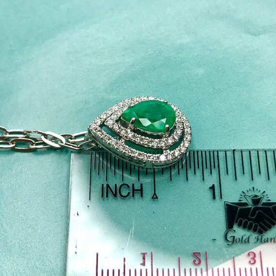 COLOMBIAN 3.20TCW Emerald & Diamonds in 18K solid white gold handmade pendant necklace zambian colombia jewelry