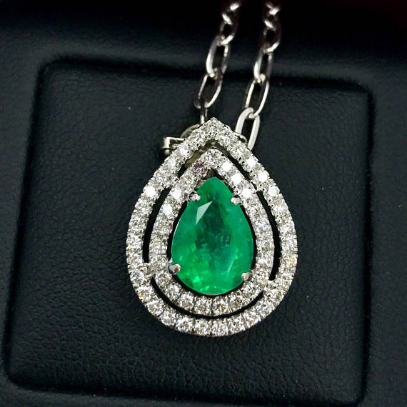 COLOMBIAN 3.20TCW Emerald & Diamonds in 18K solid white gold handmade pendant necklace zambian colombia jewelry