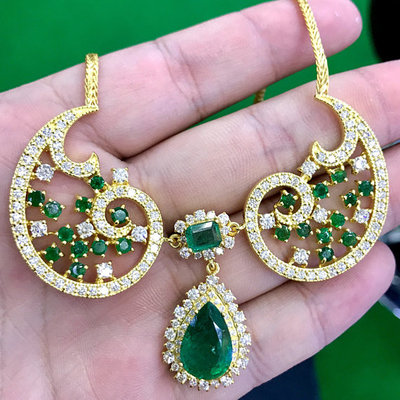 ENORMOUS 17.06TCW EMERALD Necklace Top-Green Natural Diamond in 18K solid yellow gold necklace chain bohemian