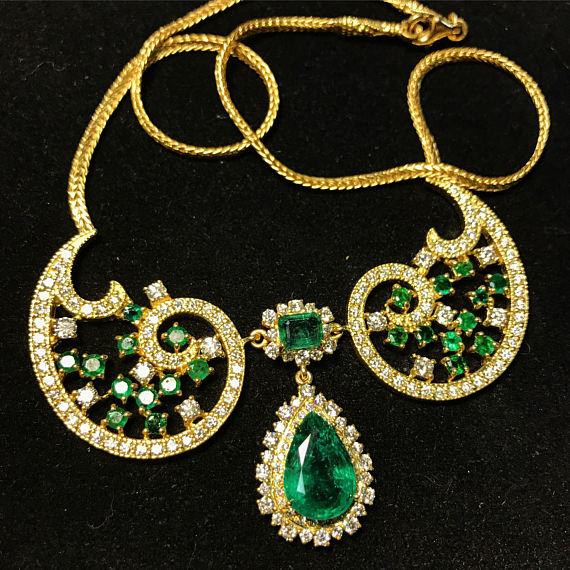 ENORMOUS 17.06TCW EMERALD Necklace Top-Green Natural Diamond in 18K solid yellow gold necklace chain bohemian