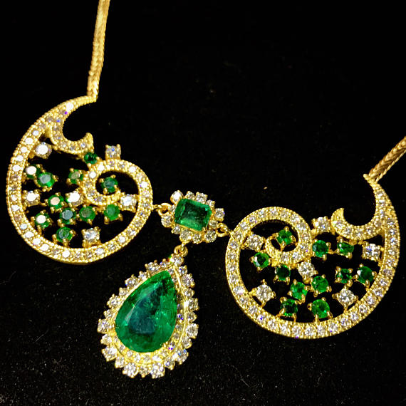 ENORMOUS 17.06TCW EMERALD Necklace Top-Green Natural Diamond in 18K solid yellow gold necklace chain bohemian