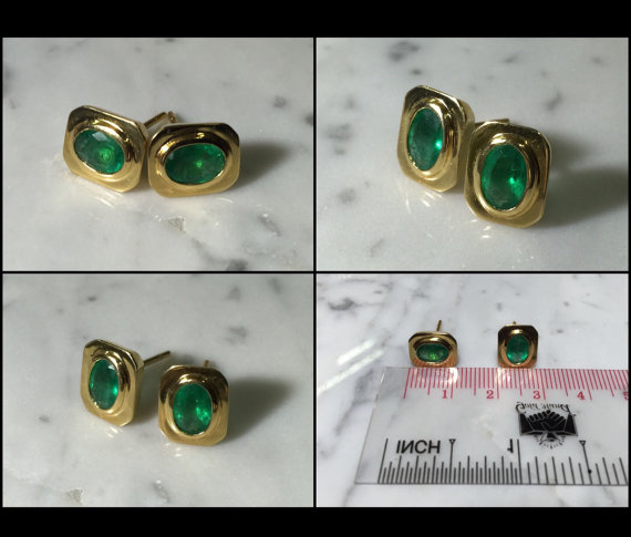 1.80ct. Colombian Green Emeralds in 18K solid handmade gold earrings bezel vintage style retro 80's studs