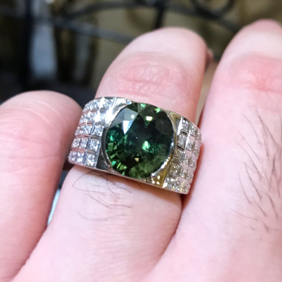 MENS! 7.64TCW Green sapphire & Diamonds 18k Solid White Gold handcrafted ring mens heirloom art deco