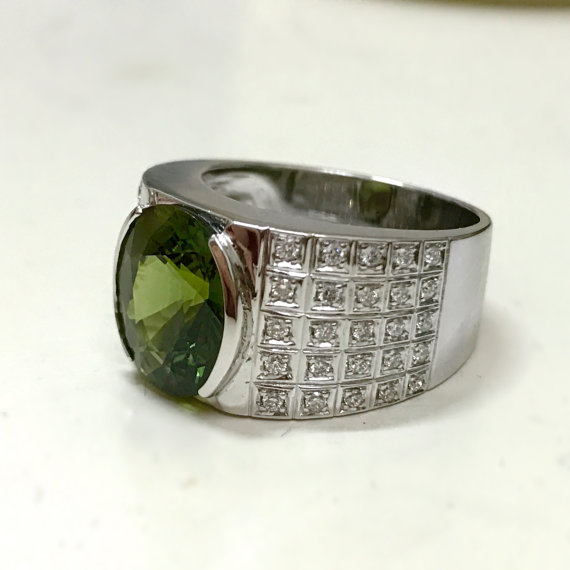 MENS! 7.64TCW Green sapphire & Diamonds 18k Solid White Gold handcrafted ring mens heirloom art deco