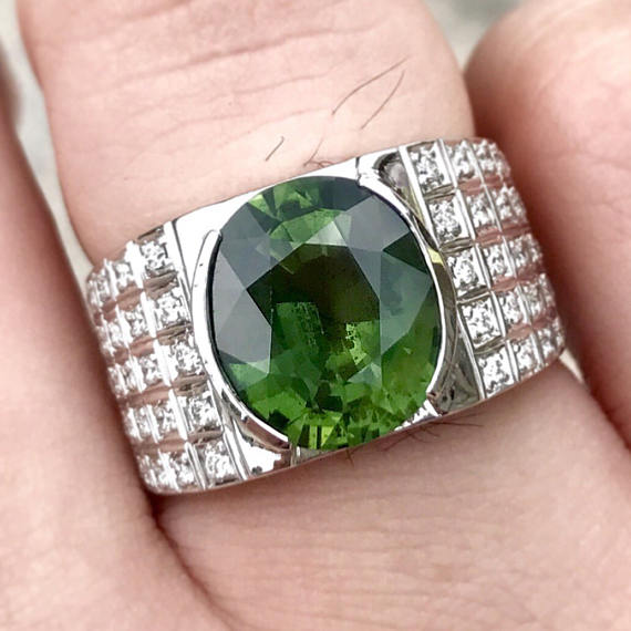 MENS! 7.64TCW Green sapphire & Diamonds 18k Solid White Gold handcrafted ring mens heirloom art deco