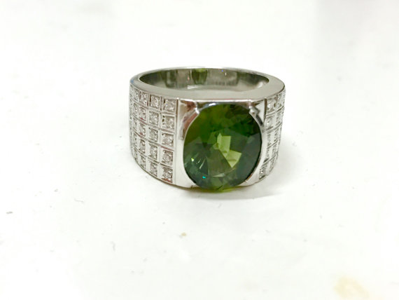 MENS! 7.64TCW Green sapphire & Diamonds 18k Solid White Gold handcrafted ring mens heirloom art deco