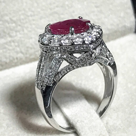 3.71TCW BURMESE RUBY & Diamonds in 18K solid handmade white gold ring engagement natural certified july BURMA heart