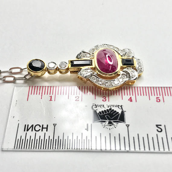 RETRO 5.16TCW Burmese Ruby Onyx & Diamonds in 18K solid yellow gold pendant necklace Burma