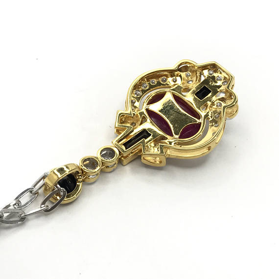 RETRO 5.16TCW Burmese Ruby Onyx & Diamonds in 18K solid yellow gold pendant necklace Burma