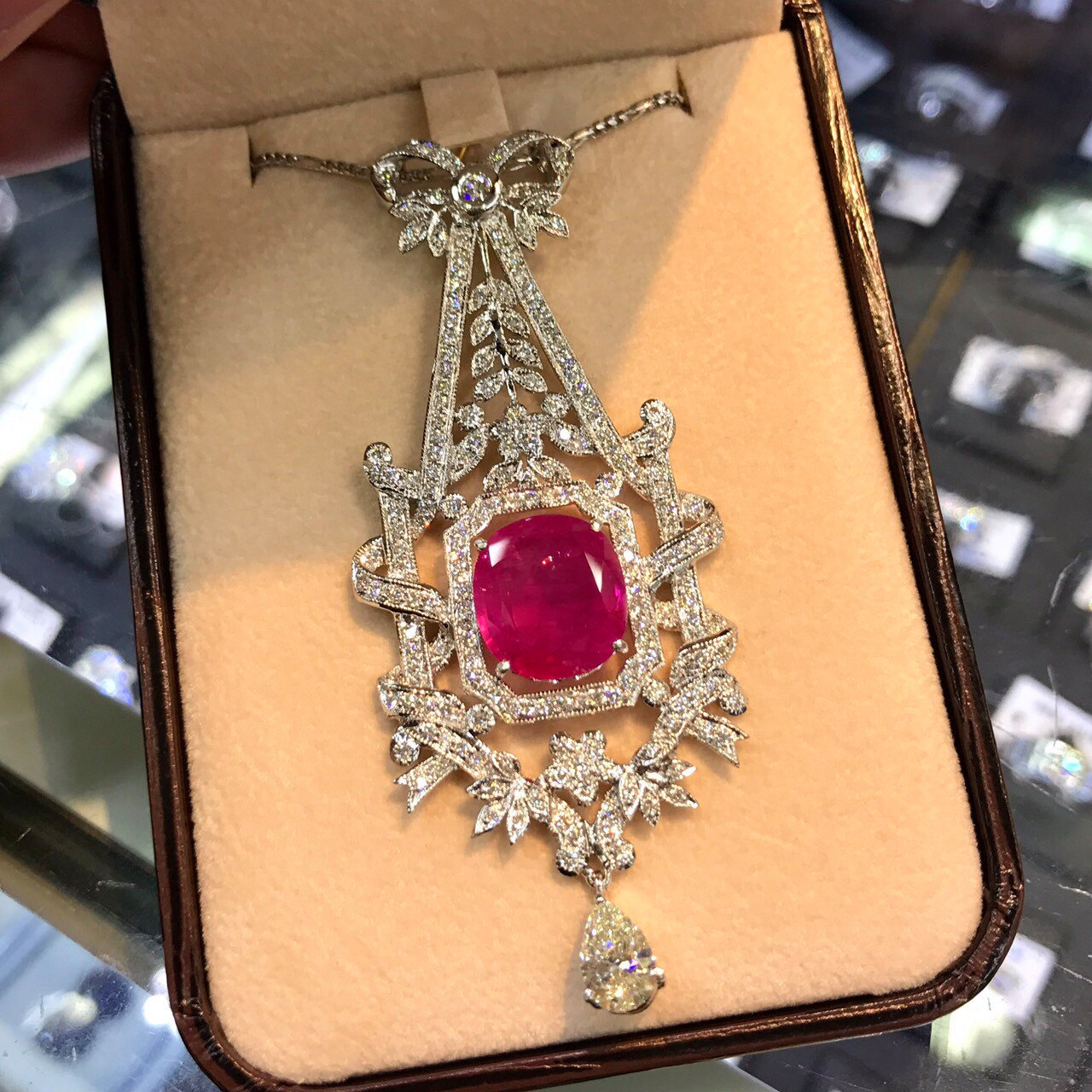 BURMESE 12.04TCW Natural Ruby & Diamonds in 18k solid white gold pendant necklace edwardian art deco