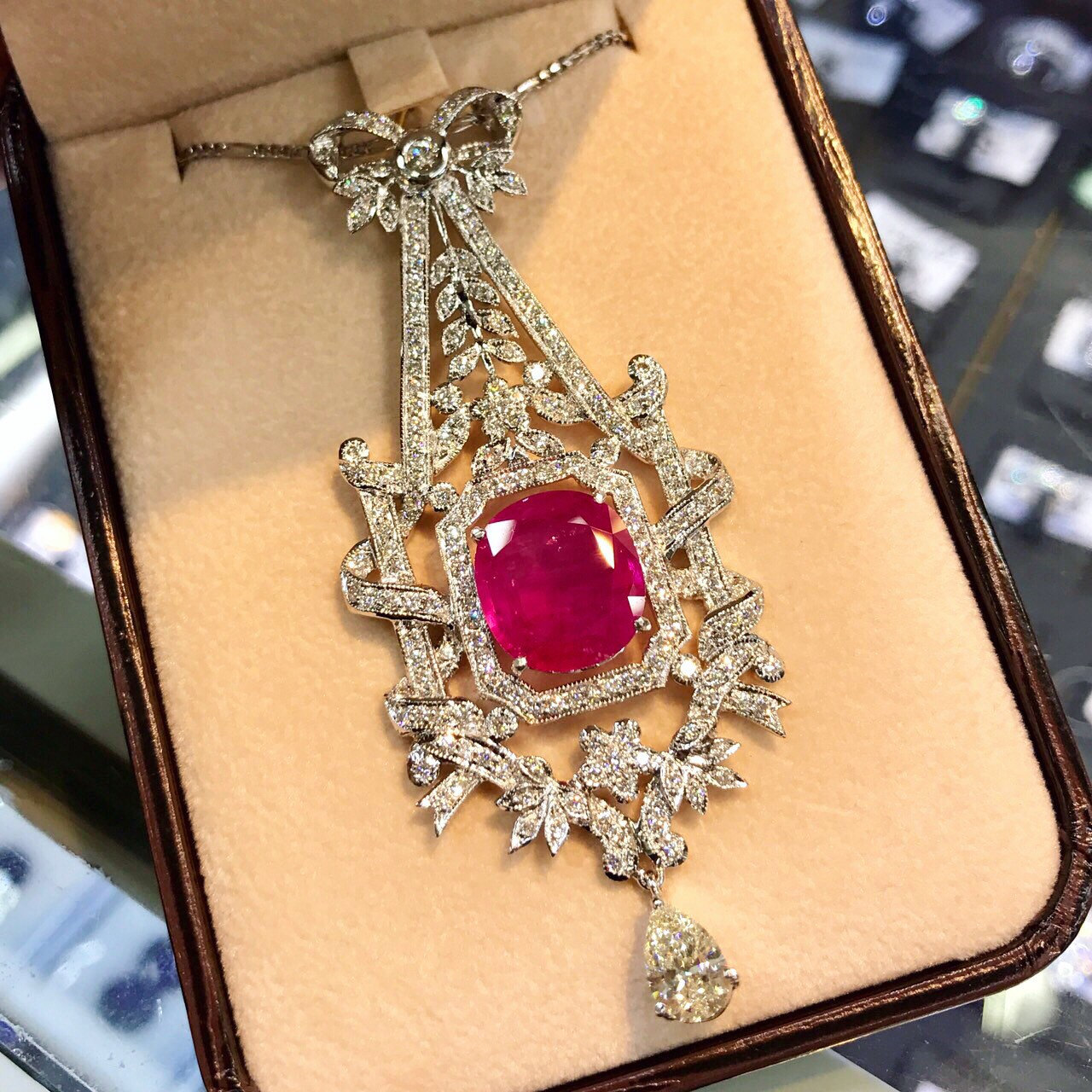 BURMESE 12.04TCW Natural Ruby & Diamonds in 18k solid white gold pendant necklace edwardian art deco