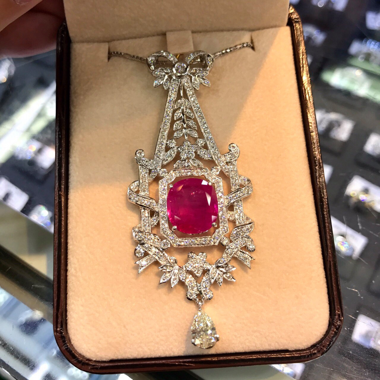 BURMESE 12.04TCW Natural Ruby & Diamonds in 18k solid white gold pendant necklace edwardian art deco