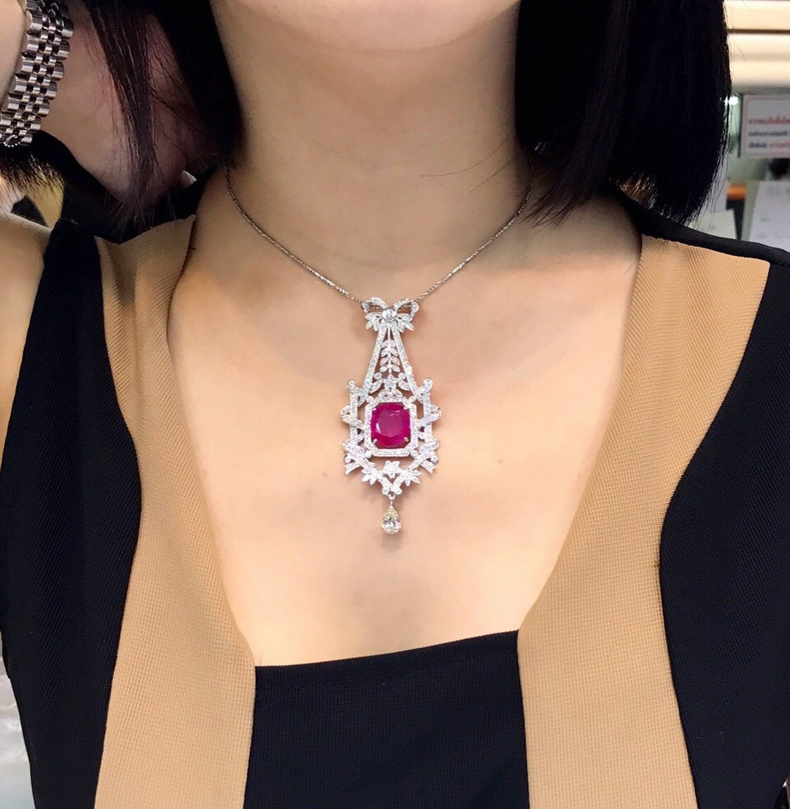 BURMESE 12.04TCW Natural Ruby & Diamonds in 18k solid white gold pendant necklace edwardian art deco