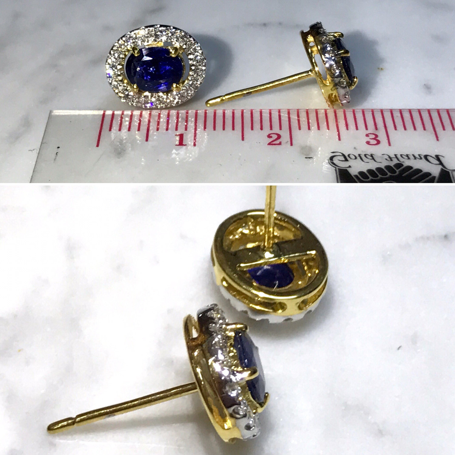 CEYLON 2.20TCW. Royal BLUE Sapphires & Diamonds in 18K solid yellow gold earrings Ceylon sri lanka stud