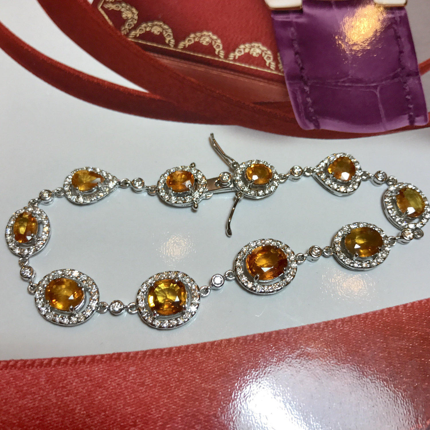 SPARKLING 15.17TCW Yellow Sapphire & Diamonds in 18K solid white gold handmade bracelet tennis