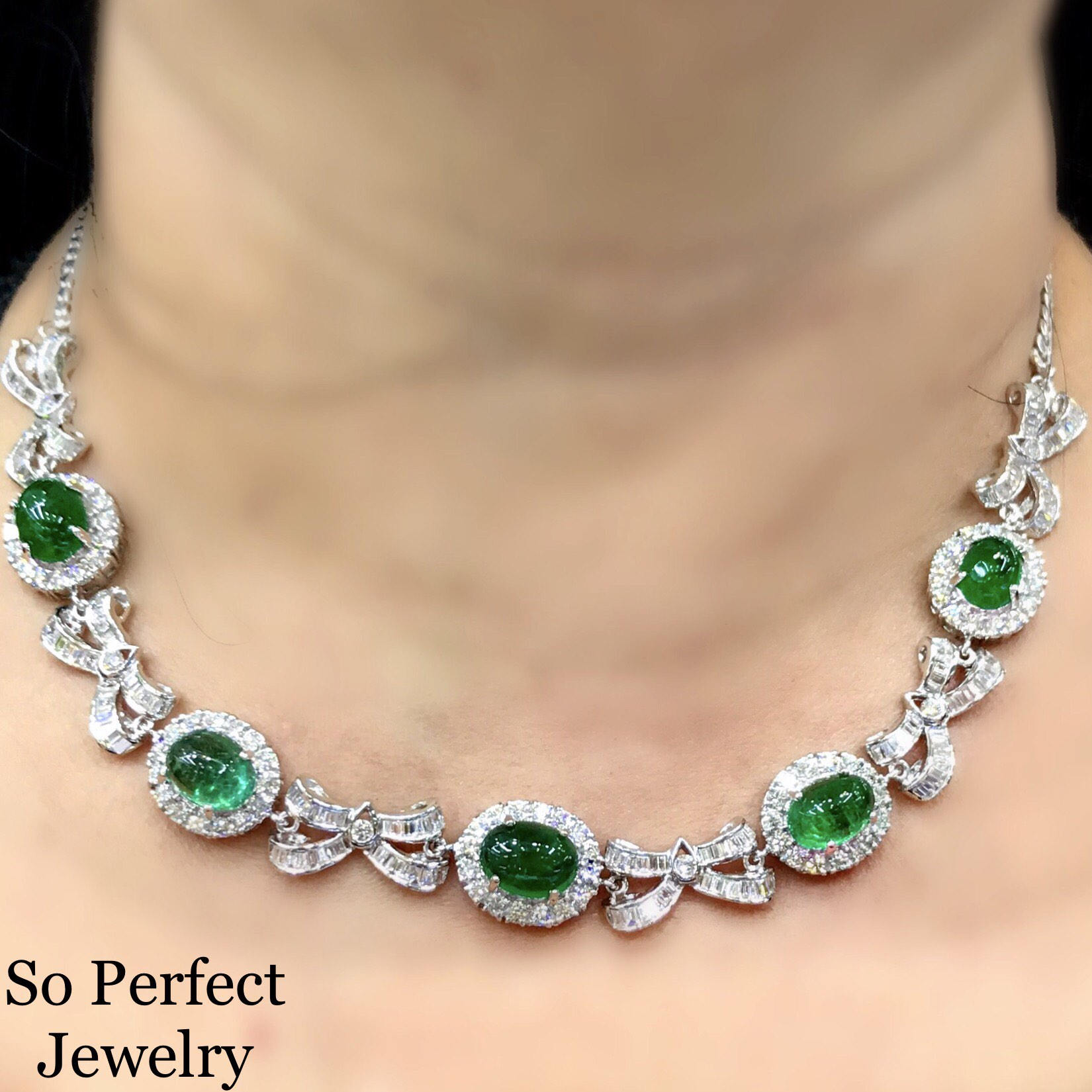 STUNNING 21.70TCW Zambian Cabochon Emerald & VS Diamonds in 18K solid white gold necklace baguette