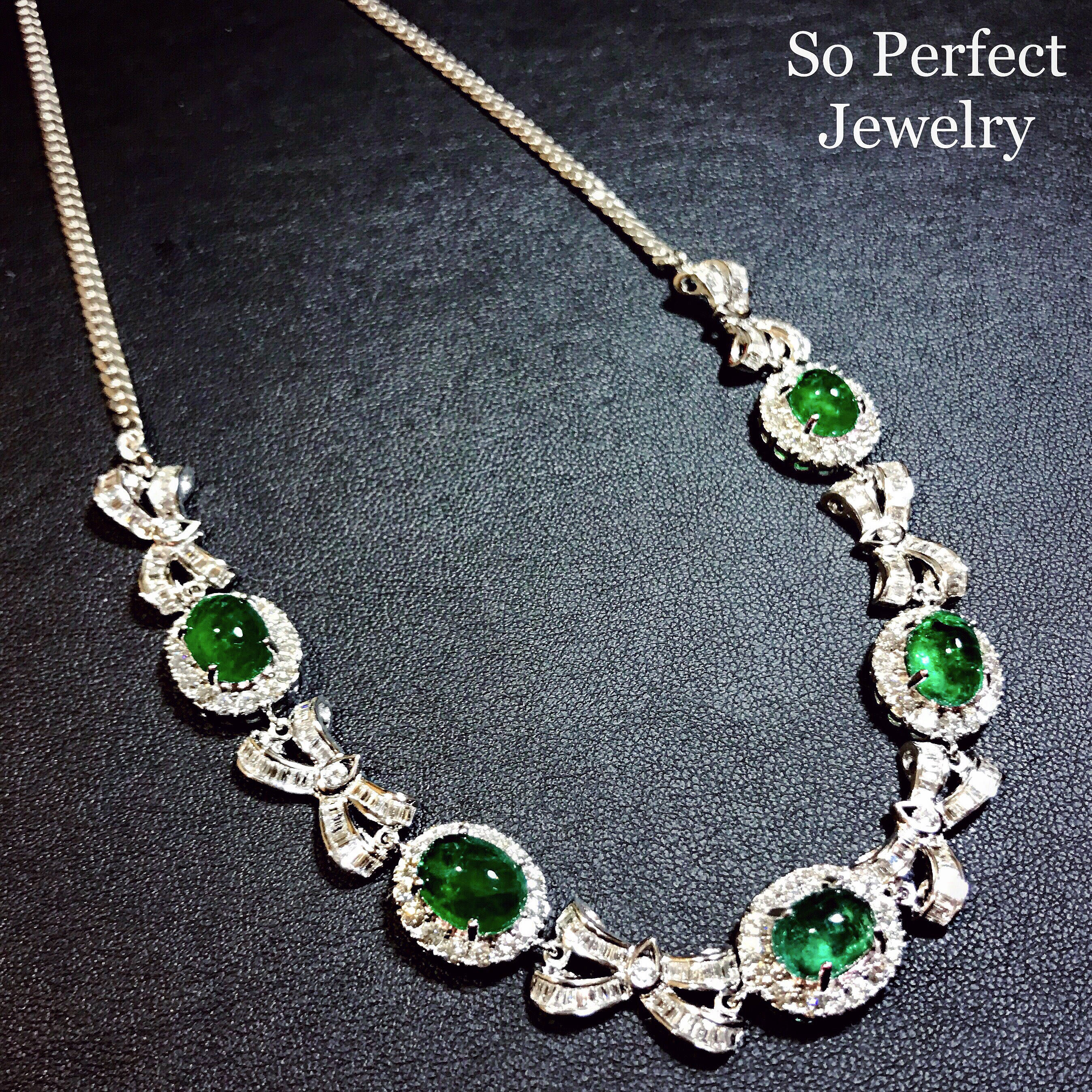 STUNNING 21.70TCW Zambian Cabochon Emerald & VS Diamonds in 18K solid white gold necklace baguette