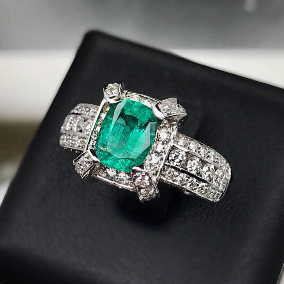 EXQUISITE 3.12TCW EMERALD & Diamonds in 18K solid white gold ring engagement natural