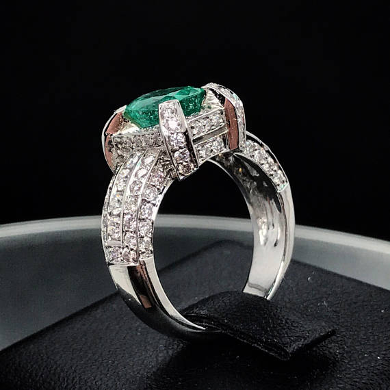 EXQUISITE 3.12TCW EMERALD & Diamonds in 18K solid white gold ring engagement natural