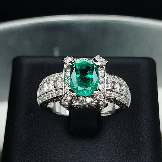 EXQUISITE 3.12TCW EMERALD & Diamonds in 18K solid white gold ring engagement natural