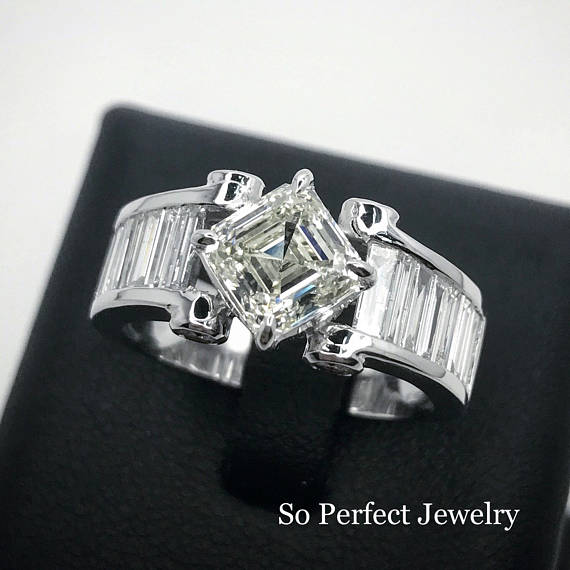 HRD CERTIFIED 3.66TCW Emerald Cut Asscher Diamond & VS diamonds in 18K solid white gold ring