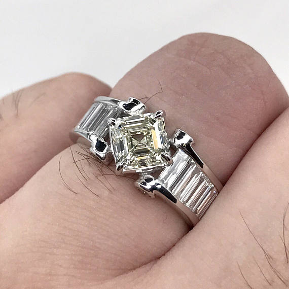 HRD CERTIFIED 3.66TCW Emerald Cut Asscher Diamond & VS diamonds in 18K solid white gold ring