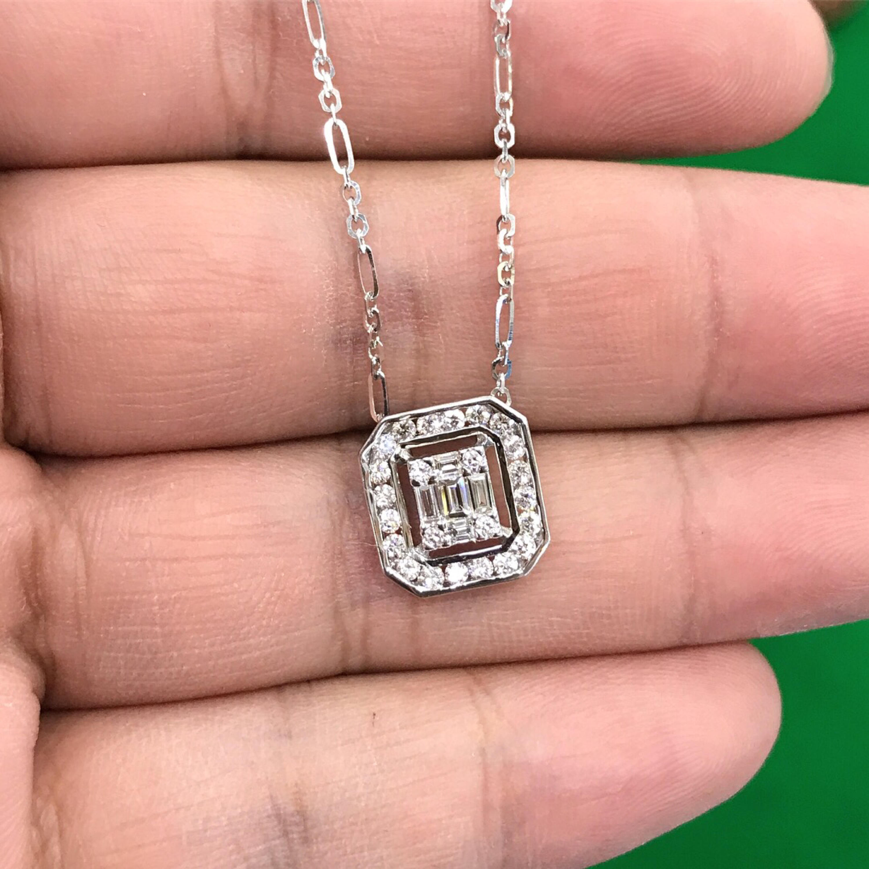 0.74 Emerald Cut Diamond Illusion Setting Natural 18K solid white gold pendant chain necklace