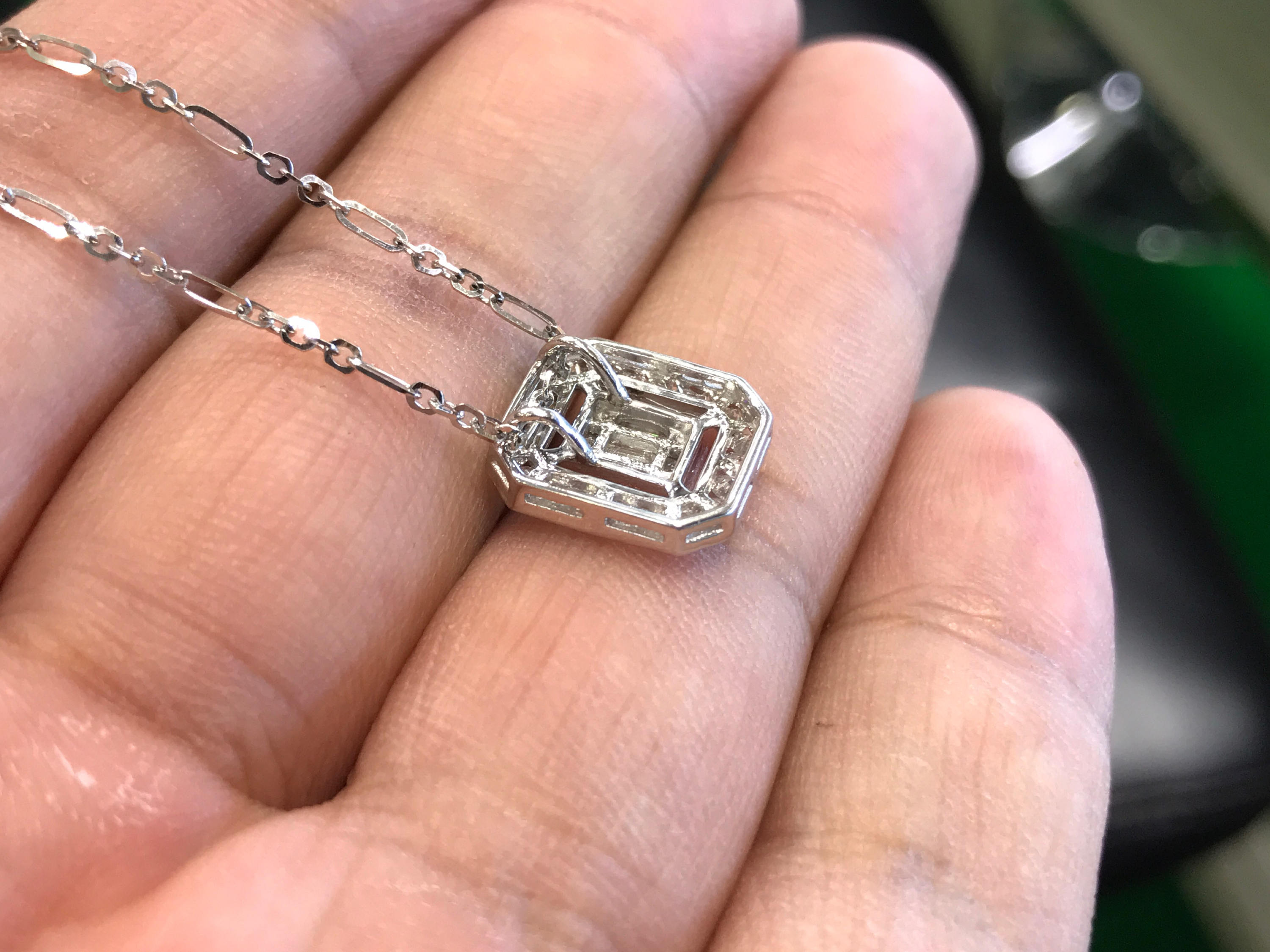 0.74 Emerald Cut Diamond Illusion Setting Natural 18K solid white gold pendant chain necklace