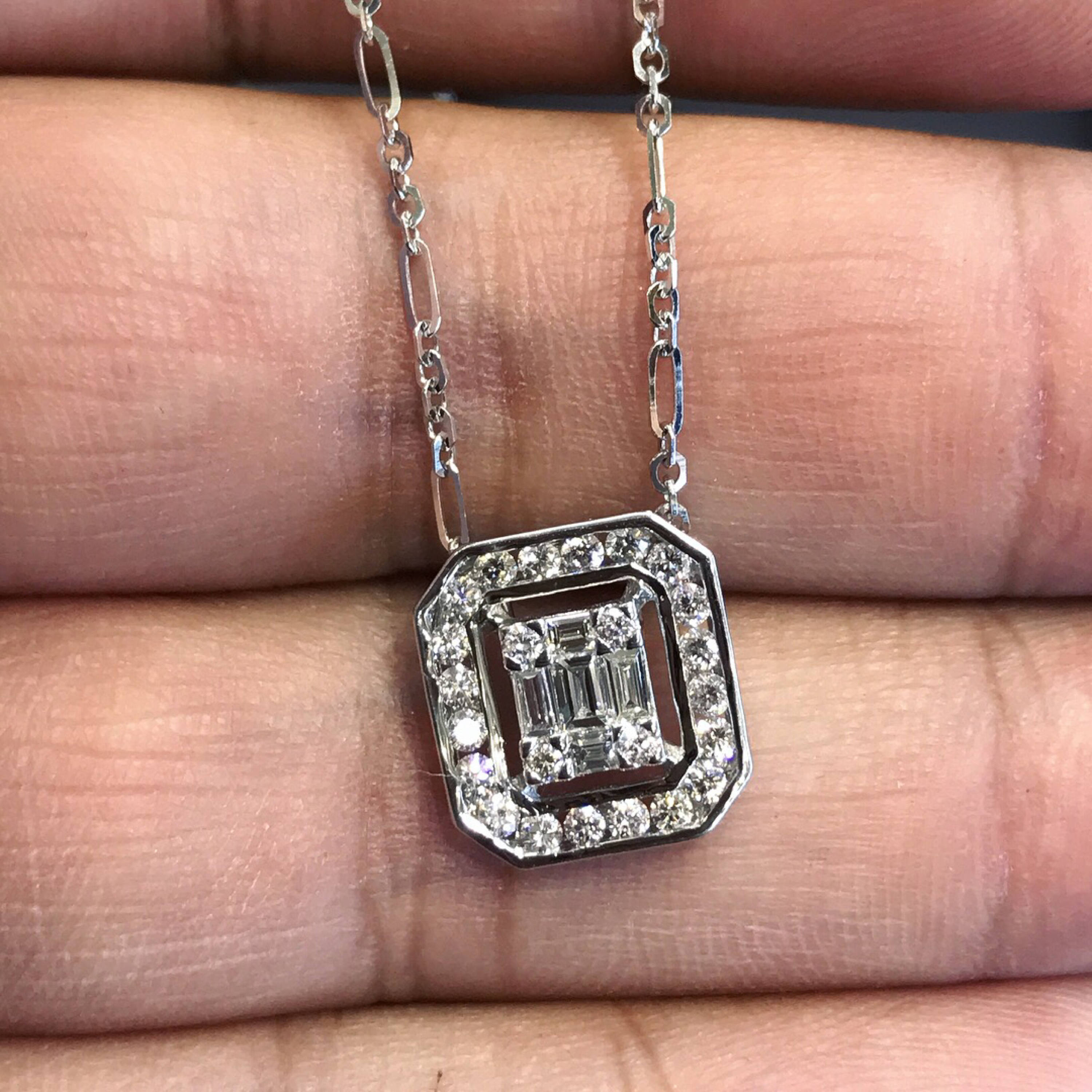 0.74 Emerald Cut Diamond Illusion Setting Natural 18K solid white gold pendant chain necklace