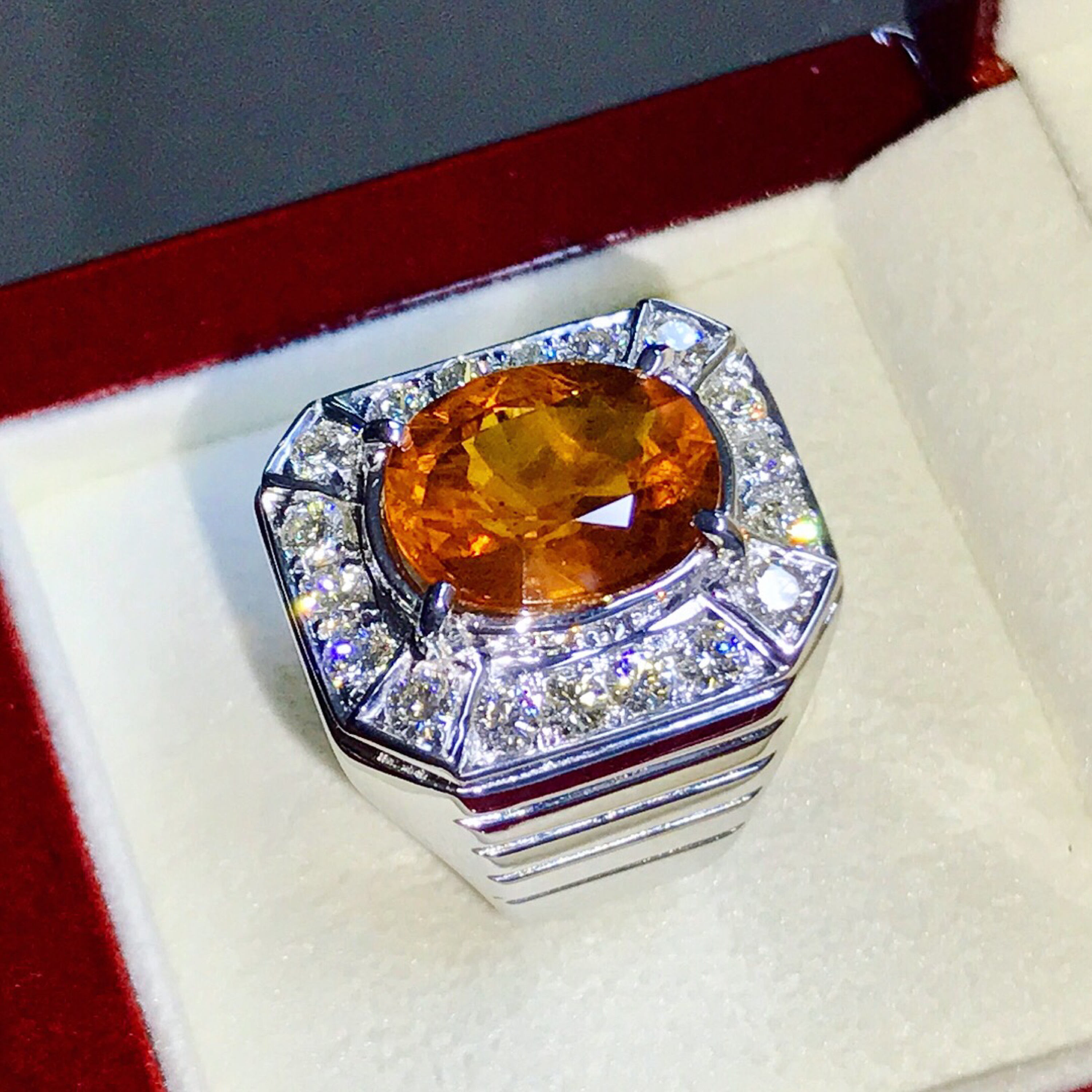 GENTLEMEN 9.88TCW Yellow Orange Sapphire & F/VVS Diamonds in 18K solid heavy white gold handmade ring